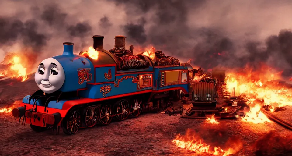 Image similar to Thomas the Tank Engine with fire in MAD MAX: FURY ROAD, high detail, 8k, trending on artstation