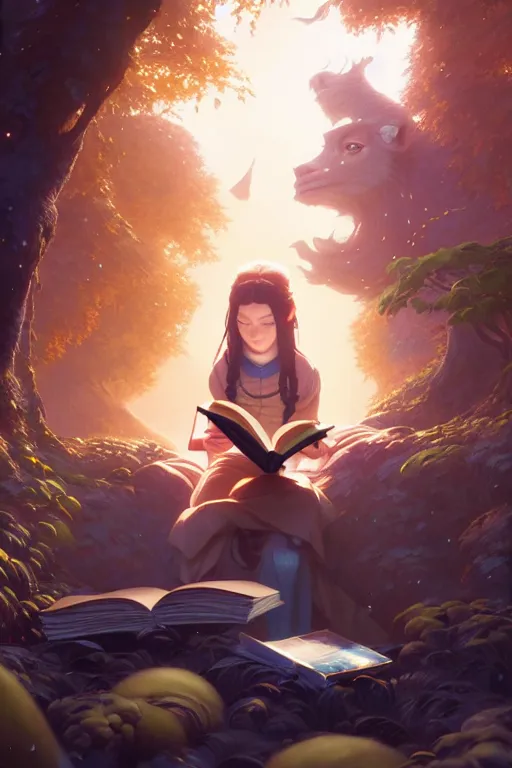 Image similar to highly detailed portrait of beautiful girl reading a book in avatar, dynamic pose, stephen bliss, unreal engine, fantasy art by greg rutkowski, loish, rhads, ferdinand knab, makoto shinkai and lois van baarle, ilya kuvshinov, rossdraws, tom bagshaw, global illumination, radiant light, detailed and intricate environment
