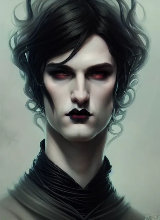 Prompt: beautiful goth ethereal male portrait, art nouveau, fantasy, intricate arcane wiccan designs, elegant, highly detailed, digital painting, artstation, concept art, matte, sharp focus, illustration, art by Artgerm and Greg Rutkowski and WLOP