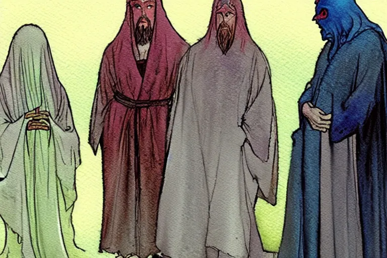 Image similar to a realistic and atmospheric watercolour fantasy character concept art portrait of a three christians wearing robes standing in front of a small fat chibi grey alien. they are emerging from the mist on the moors of ireland at night. a ufo is in the sky. by rebecca guay, michael kaluta, charles vess and jean moebius giraud