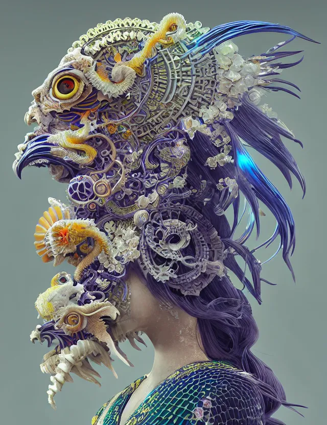 Image similar to 3 d goddess close - up profile solarpunk portrait ram skull. beautiful intricately detailed japanese crow kitsune mask and clasical japanese kimono. betta fish, jellyfish phoenix, bio luminescent, plasma, ice, water, wind, creature, artwork by tooth wu and wlop and beeple and greg rutkowski