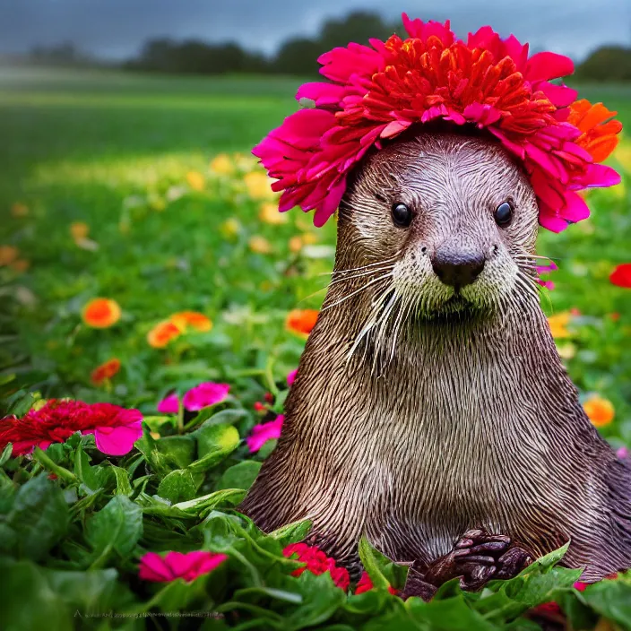 Prompt: closeup portrait of an otter wearing a hooded cloak and crown made of zinnias and rainbows, in an empty field, by Annie Leibovitz and Steve McCurry, natural light, detailed face, CANON Eos C300, ƒ1.8, 35mm, 8K, medium-format print