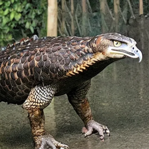 Image similar to hawk and crocodile morphed together, half crocodile, half hawk, real picture taken in zoo, realistic hawk proportions, head of crocodile is seamlessly merged with hawk