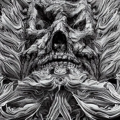 Image similar to highly detailed ink art, black and white, dark, rendered in octane