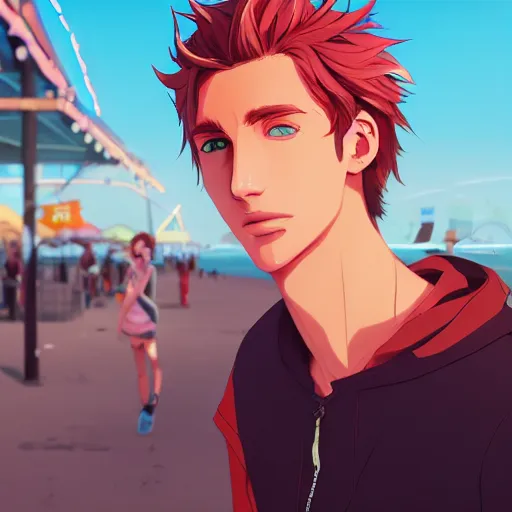 Image similar to ⁠portrait of Félix Lengyel(xqc), Santa Monica Pier background, rich vivid colors, ambient lighting, dynamic lighting, 4k, HQ, official media, anime key visual, makoto shinkai, ilya kuvshinov, lois van baarle, rossdraws, detailed, trending on artstation