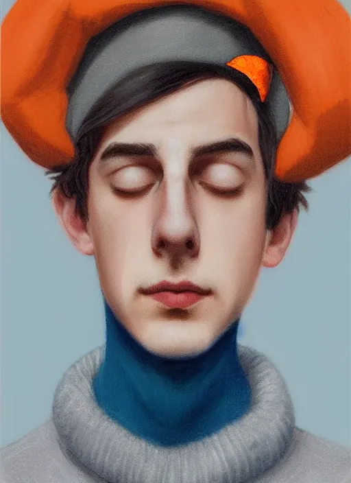 Prompt: portrait of teenage jughead jones wearing a light grey crown, crown, light grey crown, blue turtleneck, 1 9 5 0 s, closed eyes, intricate, peach and orange lighting, elegant, glowing lights, highly detailed, digital painting, artstation, concept art, smooth, sharp focus, illustration, art by wlop, mars ravelo and greg rutkowski