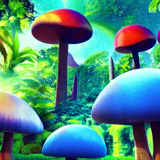 Image similar to colorful alien planet background, giant mushrooms, waterfall, tropical vegetation, rocks, anime, octane render, 4 k, ingame shot