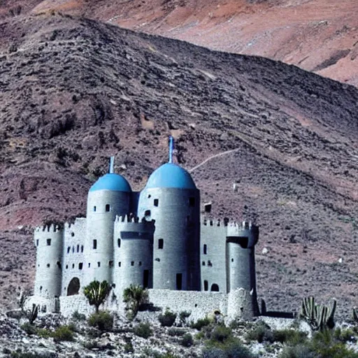 Prompt: dark blue medieval castle in desert