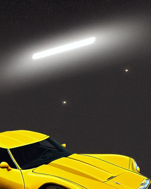 Prompt: photorealistic art of a yellow 1979 stingray corvette, dynamic lighting, space atmosphere, hyperrealism, stunning visuals