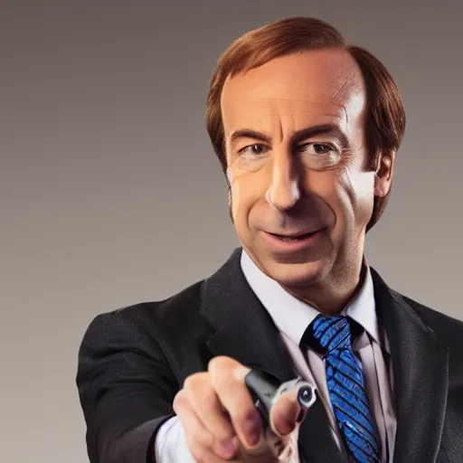 Image similar to a medium shot photo of saul goodman extremely happy to have a pistol in his hand,8k, DSLR, highly detailed skin, highly detailed hands