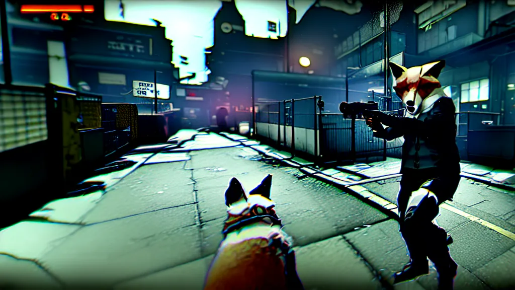 Prompt: screenshot from the pc game payday 2 demonstrating the fursuit unlock - hoxton? more like foxton.