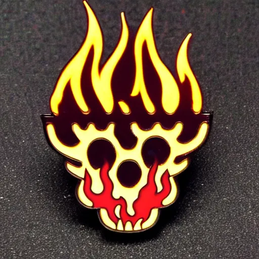 Image similar to retro minimalistic menacing clean skull with fire flame enamel pin