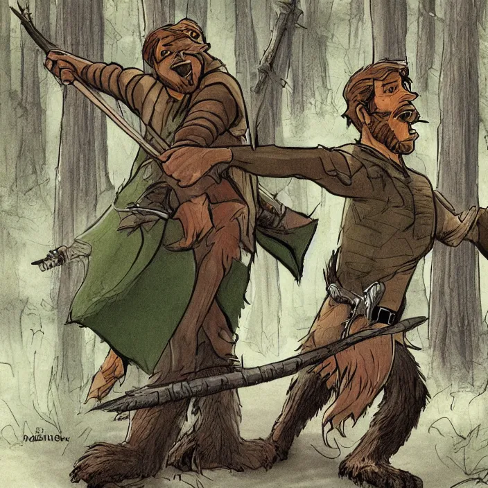 Image similar to Robin hood vs bigfoot, concept art