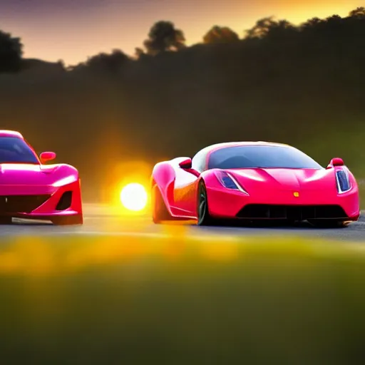 Image similar to cinematic fast sportscar reminiscent of ferrari and porsche in a lush field, shiny, red, beautiful lighting, photorealistic, sharp, sunset, by scott robertson