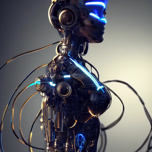 Image similar to a beautiful woman wearing robot suit with wires and light, highly detailed, photorealistic, artstation, smooth