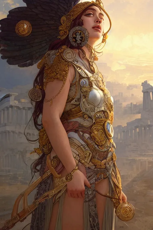 Image similar to portrait goddess athena, in ruined Agora of Athens Sunrise, ssci-fi and fantasy, intricate and very beautiful and elegant, highly detailed, digital painting, artstation, concept art, smooth and sharp focus, illustration, art by tian zi and WLOP and alphonse mucha