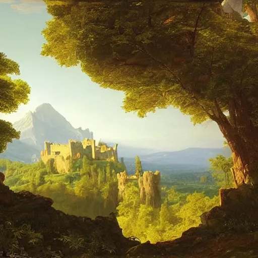 Image similar to A large, sprawling stone castle carved out of the side of a mountain, overlooking a distant magical tree in the meadow, by Thomas Cole and Albert Bierstadt
