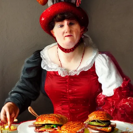 Prompt: victorian lady eating a burger, full body, intrincate, red and white, glitter, depth of field, 8k, hyper detailed, trending on artstation