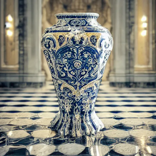 Image similar to An ornate baroque vase breaking on the marble tile floor, exploding into dust, dark-blue light-blue gold silver white black beige, volumetric dust rays, intricate detail, ultra realistic, cinematic lighting, moody, wet, shiny,