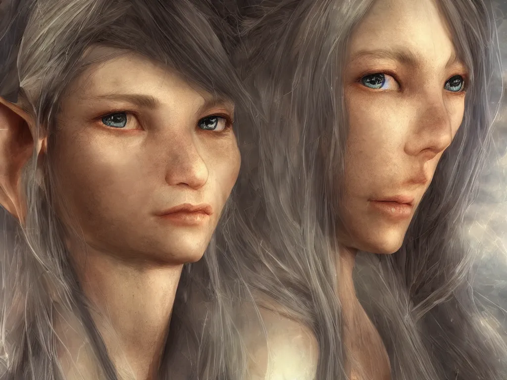 Image similar to a female elf with a peerless face, face closeup ， natural light ， realistic rendering ， metahuman