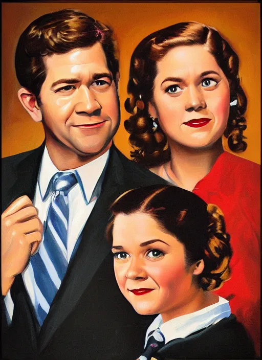 Image similar to portrait painting of jim halpert and pam beesly, dark background, in the style of gil elvgren