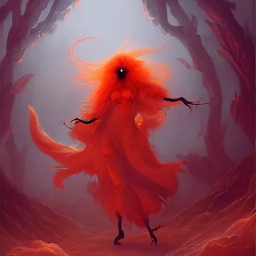 Image similar to prompt A beautiful red orange hairy kumiho, concept art, matte painting, by Peter Mohrbacher