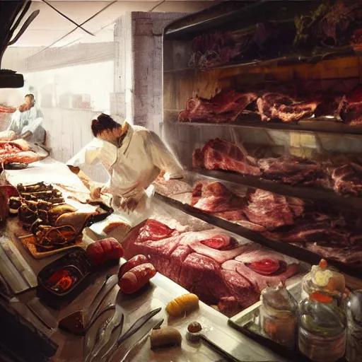 Prompt: low angle view of a butcher working, artwork by craig mullins, high details, octane, unreal engine, from below, worms - eye - view, close - up!!!!!