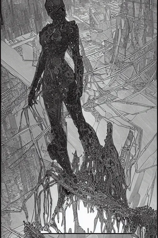 Prompt: comic book illustration, a very tall structure hovers 10 feet above the ground, scorched and cracked earth is below it and a young girl stands looking at it, cyberpunk concept art by Moebius and Alphonse Mucha, highly detailed, intricate, sci-fi, sharp focus, Trending on Artstation HQ, deviantart