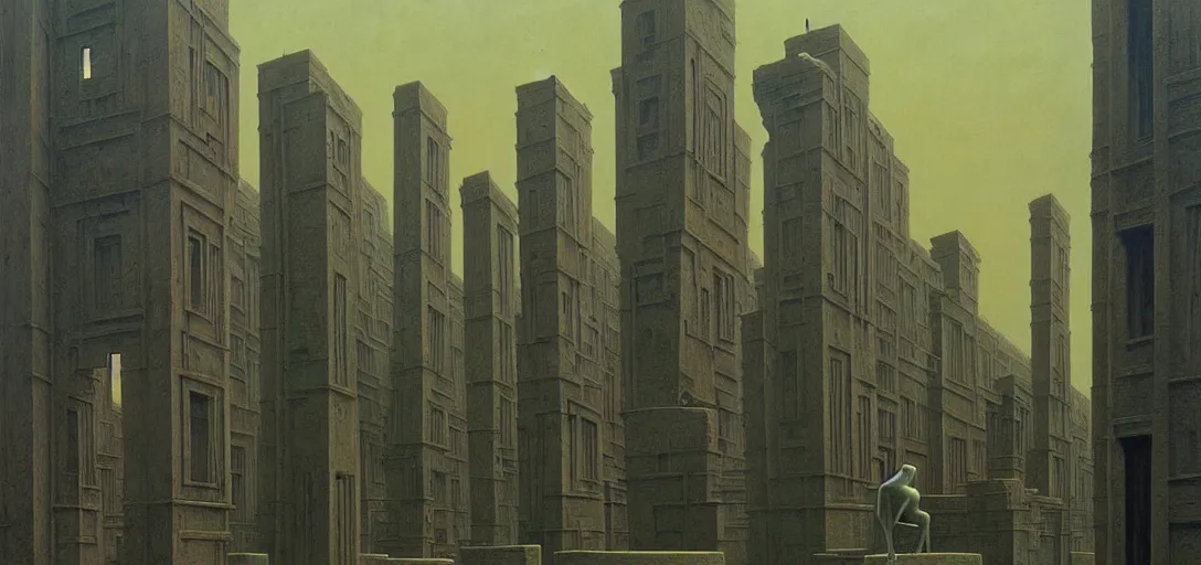 Prompt: a dystopian surreal painting of statues and buildings by zdzisław beksinski