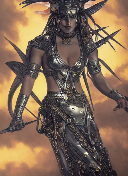 Prompt: dynamic pose! symmetry! closeup portrait of a biblical diabolical pirate female pharaoh, stylish cyborg armor, on a pirate ship, in clouds, strong studio lights, thunder, storm, sunset, by gerald brom, by mikhail vrubel, by peter elson, high contrast, muted colors, extreme detail, mirrors, trending on artstation, 8 k