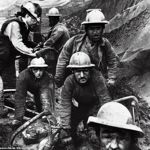 Image similar to an image of a group of men mining in a coal mine, in a medium full shot, russian and japanese mix, high - key lighting, warm lighting, overcast flat midday sunlight, a vintage historical fantasy 1 9 8 2 photo from life magazine.