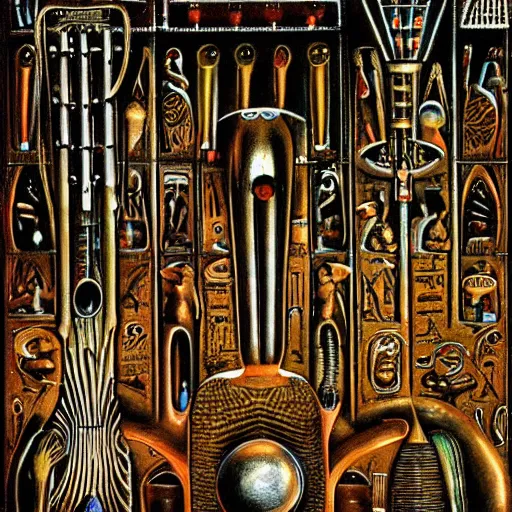 Prompt: a painting of a bunch of alien musical instruments by kinuko craft floating in the water, egyptian art by h. r. ( hans ruedi ) giger, deviantart, gothic art, airbrush art, egyptian art, biomorphic