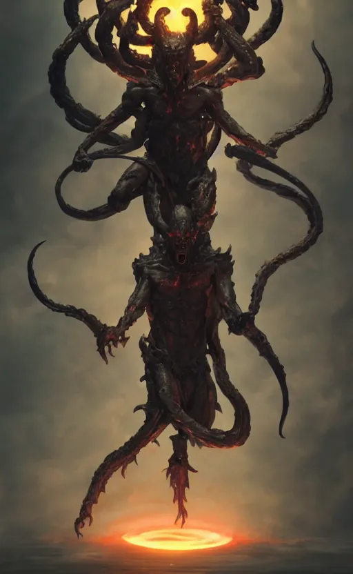 Prompt: four armed statue of a demon of the moon ascending from hell, four arms, dramatic lighting, jagged tendrils, artstation, concept art, smooth, sharp focus, illustration, art by greg rutkowski