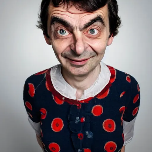 Image similar to A portrait mr bean elizabeth teams up with a teenage mr bean, perfect faces, 50 mm, award winning photography