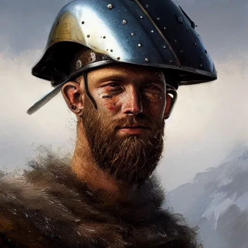 Prompt: a portrait painting of a viking warrior wearing a helmet, digital painting, hyper realistic, nordic mythology, full of details, in the style if greg rutkowski,