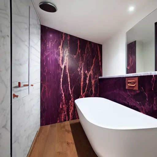 Prompt: premium bathroom design with copper and magenta marble