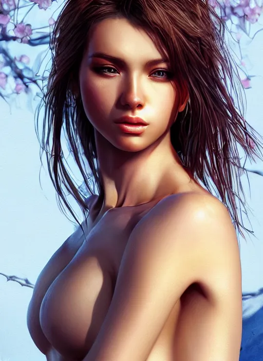 Image similar to photo of a gorgeous female with messy hair in the style of stefan kostic, realistic, body shot, sharp focus, 8 k high definition, insanely detailed, intricate, elegant, art by stanley lau and artgerm, cherry blossoms