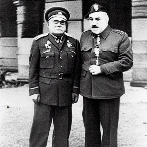 Prompt: 1942 photograph of Danny DeVito in a Soviet officer's uniform standing next to Joseph Stalin