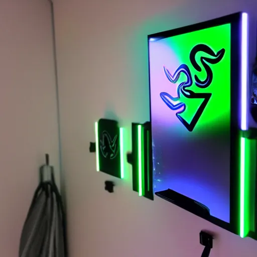 Prompt: razer RGB gaming bathroom fitted with phone displays on the glass