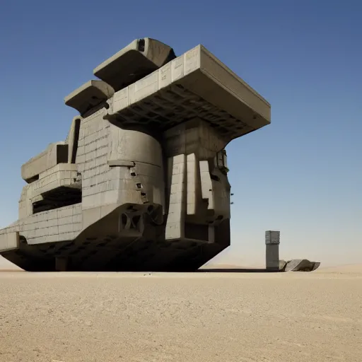 Image similar to Sci-Fi industrial futuristic Brutalism brutalistic huge huge flying carrier vehicle desert