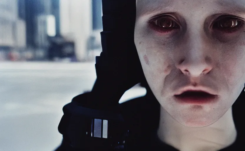 Image similar to cinestill 5 0 d candid photographic portrait by helen levitt of a feminine male android wearing black techwear on a brutalist dystopian spaceship, extreme closeup, modern cyberpunk moody emotional cinematic, liminal, 8 k, hd, high resolution, 3 5 mm, f / 3 2, ultra realistic faces, ex machina