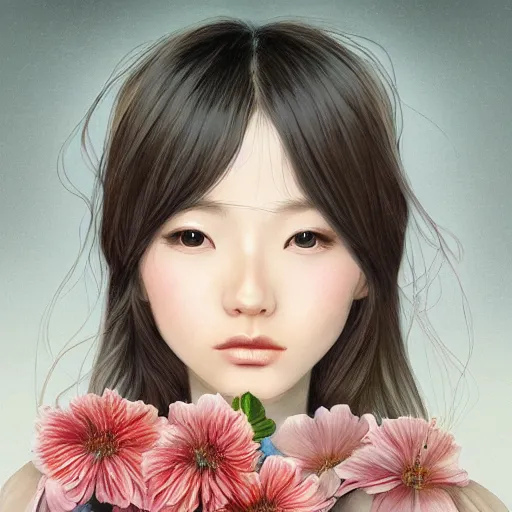 Image similar to centered portrait of beautiful Kawai Japanese girl, hyperdetailed, digital painting, trending on CG society