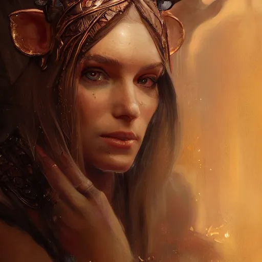 Prompt: A detailed oil portrait of an elf woman with small horns of copper and copper scales covering her arm and neck wearing a simple white robe, by greg rutkowski, trending on artstation, dungeon and dragons art