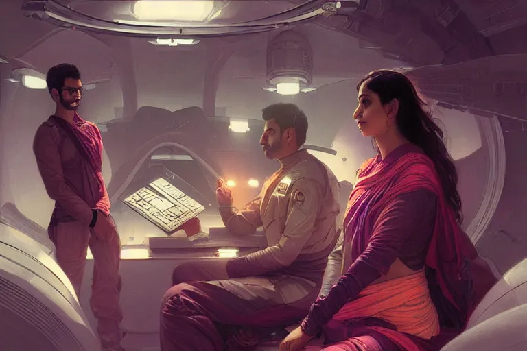 Image similar to Sensual good looking pale young Indian doctors wearing Deus Ex clothing in a space station above Earth, portrait, elegant, intricate, digital painting, artstation, concept art, smooth, sharp focus, illustration, art by artgerm and greg rutkowski and alphonse mucha