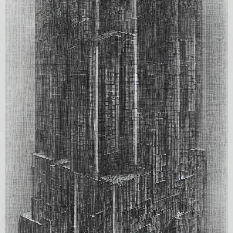 Prompt: modernist glass skyscraper, technical drawing, by Beksiński, 4k, 8k