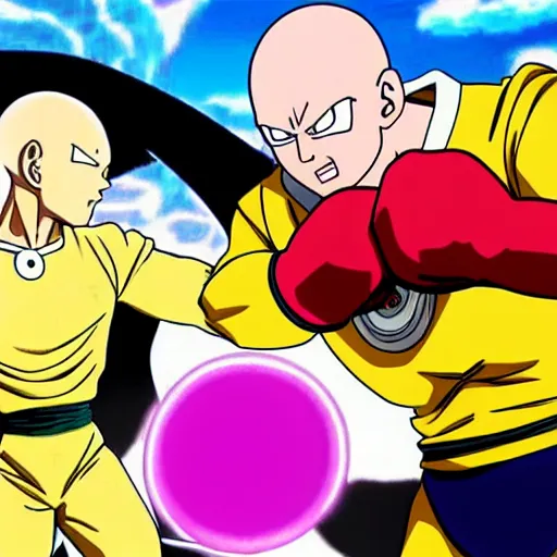 Image similar to saitama from one punch man fighting with buu from dragon ball z, anime style