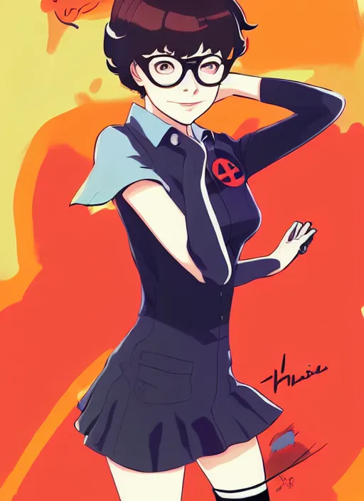 Image similar to Painting of Velma Dinkley in the style of Persona 5, anime style, winged eyelashes, countryside, calm, fantasy character portrait, dark outlines, dynamic pose, above view, sunny day, artwork by Makoto Shinkai, very coherent asymmetrical artwork, sharp edges, perfect face, simple form, 100mm