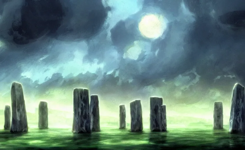 Prompt: a realistic and atmospheric cell - shaded concept art from howl's moving castle ( 2 0 0 4 ) of a futurist sci - fi city that looks like stonehenge in a flooded rainforest. it is a misty starry night. very dull muted colors, hd, 4 k, hq