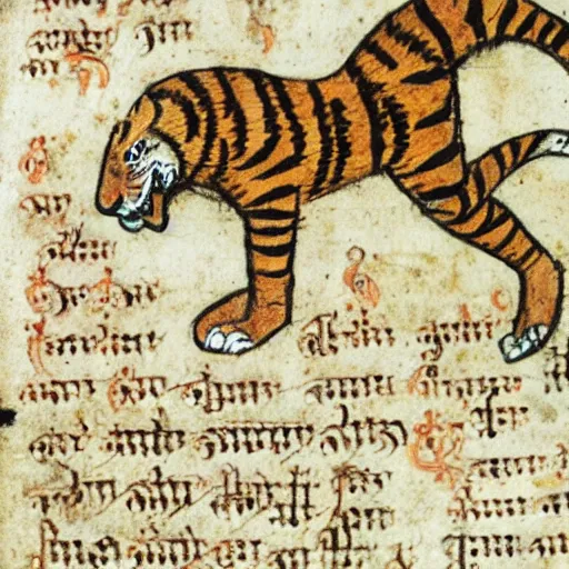 Image similar to bad drawn tiger with many legs flying in a medieval manuscript, medieval manuscript, golden miniatures