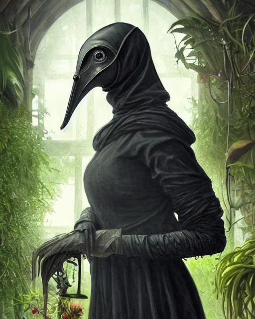 Image similar to portrait of a female plague doctor in a botanical greenhouse, heavy rain outside, wind, thunder, reflections, deep focus, d & d, fantasy, intricate, elegant, highly detailed, digital painting, artstation, concept art, matte, sharp focus, illustration, hearthstone, art by artgerm and greg rutkowski and alphonse mucha